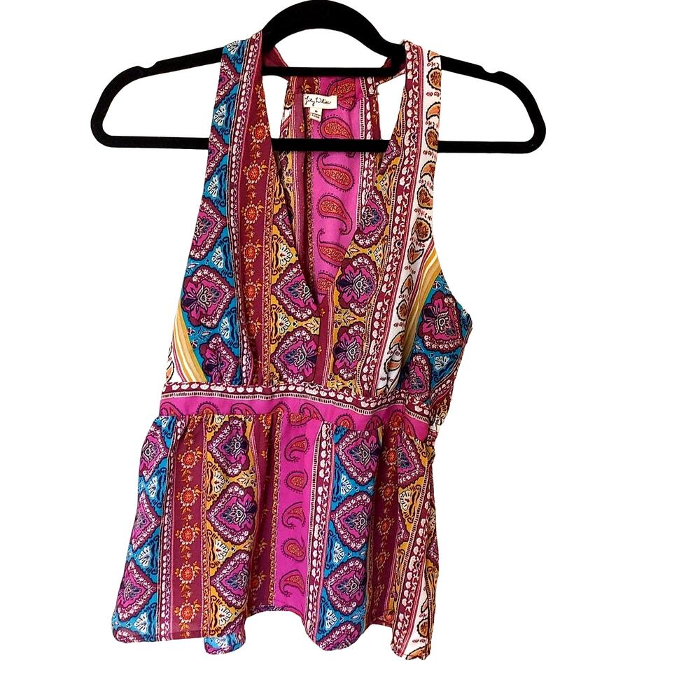 Lily White Size Medium M boho Indie Sleeveless Top Purple Abstract Deep V Neck
